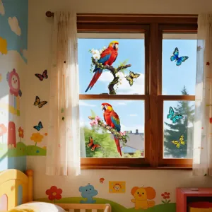 Stickers statiques fenêtre perroquet papillon, autocollants en verre pour chambre d'enfant.