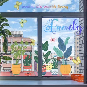 Colorful potted plant butterfly static window sticker, removable glass cling for home decor.