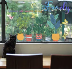 Colorful potted plants and butterflies glass window stickers with English text design, removable.