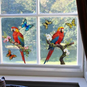 Stickers pour fenêtres en verre statiques avec des perroquets, branches et papillons.