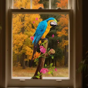 Film pour vitre statique avec perroquet coloré sur une branche et des fleurs en déco.