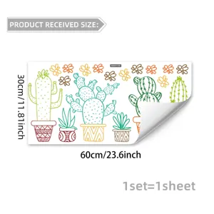 Detailed view of colorful cactus potted plants wall sticker, perfect for window and glass decor.