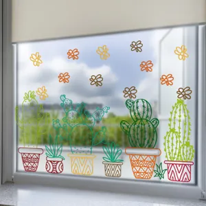Decorative potted cactus static glass window sticker, colorful floral double-sided removable cling.