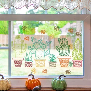 Colorful potted cactus and flower static window stickers for glass showcase and home decor.