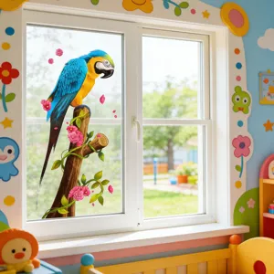 Vue détaillée d'un sticker de fenêtre statique perroquet coloré sur verre, déco chambre enfant