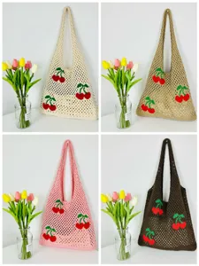 Bolso tote de ganchillo con diseño de cereza, bolso de hombro tejido para mujer, gran capacidad.