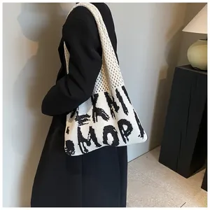 Strick Shopper Umhängetasche große Kapazität lässige Handtasche schwarz weiß