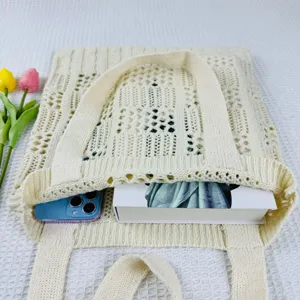 Beigefarbene gestrickte Shopper Tasche Damen hohle Strandtasche groessere Kapazitaet Freizeittasche