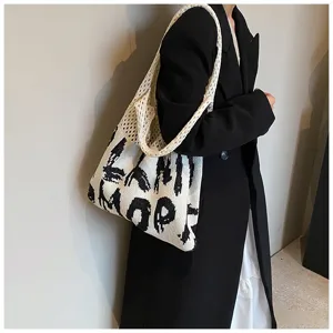 Damen Gestrickte Buchstabe Tote Bag Große Kapazität Häkel Schultertasche Ins Stil Gewebte Handtasche Lässige Einkaufstasche