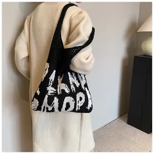 Strick Shopper Tasche Detail, lässige Umhängetasche mit Buchstaben Muster für Damen.