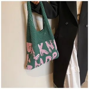 Gruen rosa gestrickte Tote Bag mit Buchstaben Muster grosse Kapazitaet Schultertasche
