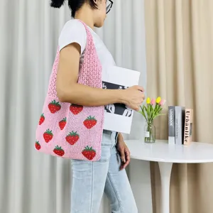Roze gebreide aardbeien shopper tas grote capaciteit casual schoudertas voor dames