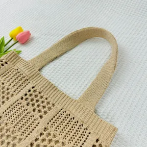Beige Strick Tote Bag Detail, gehäkelte Schultertasche, lässige Sommer Strand Tasche