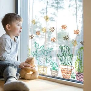 Colorful cactus potted plants window stickers static glass decals for home room decor.