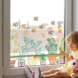 Colorful potted cactus and flower window stickers, static cling glass decals for home decor.