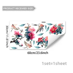 Sticker pour fenetre fleurs et oiseaux style chinois, adhesif statique, double face.