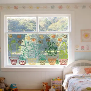 Colorful potted cactus window stickers, static glass decals for kids room showcase decor.