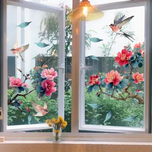 Sticker décoratif pour fenêtre en verre avec motif traditionnel de fleurs et d'oiseaux.