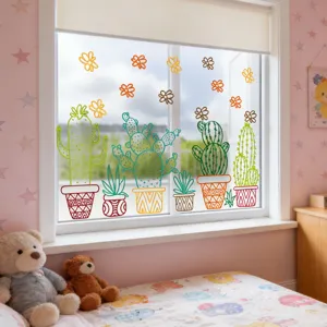 Colorful potted cactus window sticker, double sided decorative glass static cling for home.