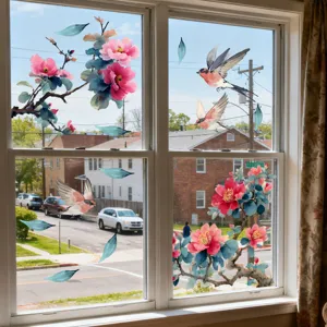 Stickers pour fenêtres statiques avec branches d'arbres, fleurs et oiseaux pour vitres.
