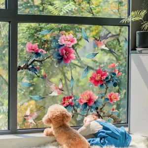 Autocollant de fenêtre en verre statique avec branches, fleurs et oiseaux. Décor amovible.