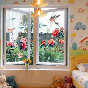 Autocollant de fenêtre statique fleur oiseau verre amovible double face déco maison