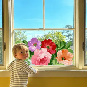 Colorful floral static glass sticker for window decoration, double-sided visible removable decal.