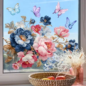 Colorful floral butterfly static window sticker, double-sided glass decal for home decor details.