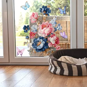 Floral butterfly window sticker, static glass cling, double-sided visible home decor.