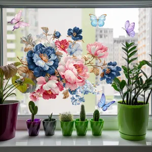 Colorful floral and butterfly static window sticker detail view for home glass decor.
