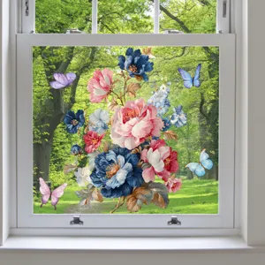 Colorful floral window sticker static cling butterfly glass decal for home decor and showcase.