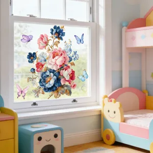 Vibrant colorful floral butterfly static window sticker detail showing fine translucent glass design.