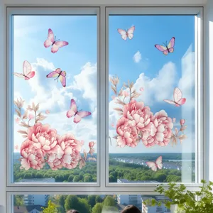 Detailed view of colorful floral and butterfly static window stickers for glass decor.