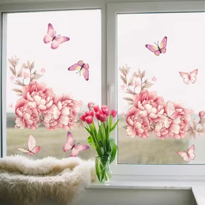Pink floral butterfly glass window stickers removable static cling window decals for home decor