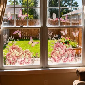 Pink floral butterfly window static stickers detail scene showing beautiful flower cling glass decor