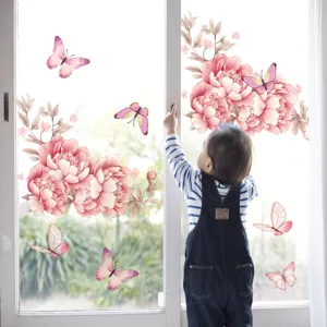 Pink floral butterfly window static sticker detail view, removable glass decal for decor.