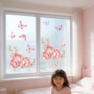 Pink floral butterfly window sticker static glass cling for home bedroom decor detail view