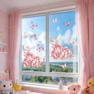 Pink floral butterfly static window stickers for glass showcase, double-sided removable decals.