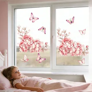 Detailed scene of pink floral and butterfly window stickers displayed on a child room glass.