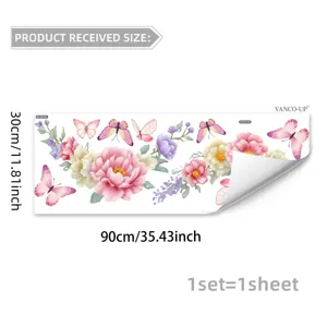 Detailed view of colorful floral and butterfly glass window sticker with 90x30cm size.