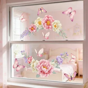 Charming floral and butterfly window sticker details, perfect glass decor for bedroom views.