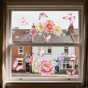 Floral butterfly static window stickers, removable double-sided glass clings for home decor.