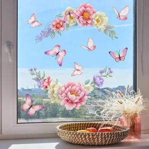Colorful floral and butterfly electrostatic glass window stickers for home decor, removable design.
