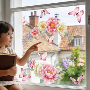 Colorful floral butterfly static glass window sticker detail view for home decoration.