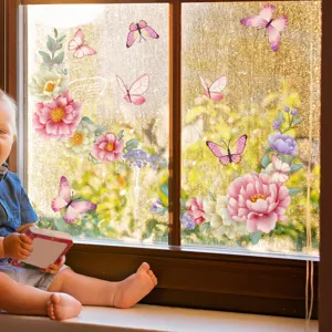 Colorful floral butterfly static window stickers, double-sided visible glass decals for decor.