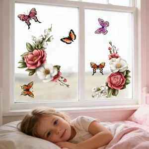 Decorative window stickers featuring colorful floral and butterfly designs for glass.