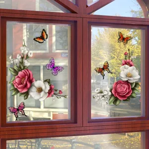 Detailed view of colorful floral and butterfly static window stickers on glass for home decor.