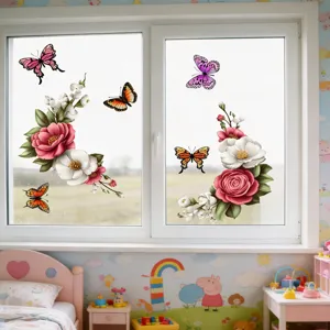 Colorful floral and butterfly window static stickers for glass showcase and home decor details.