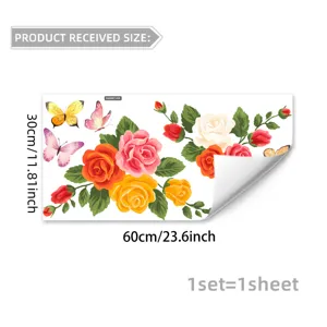 Color floral roses and butterflies glass window sticker detail showing product size and layout.