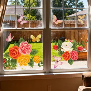 Colorful floral butterfly window stickers scene detail, static glass decal for home decor